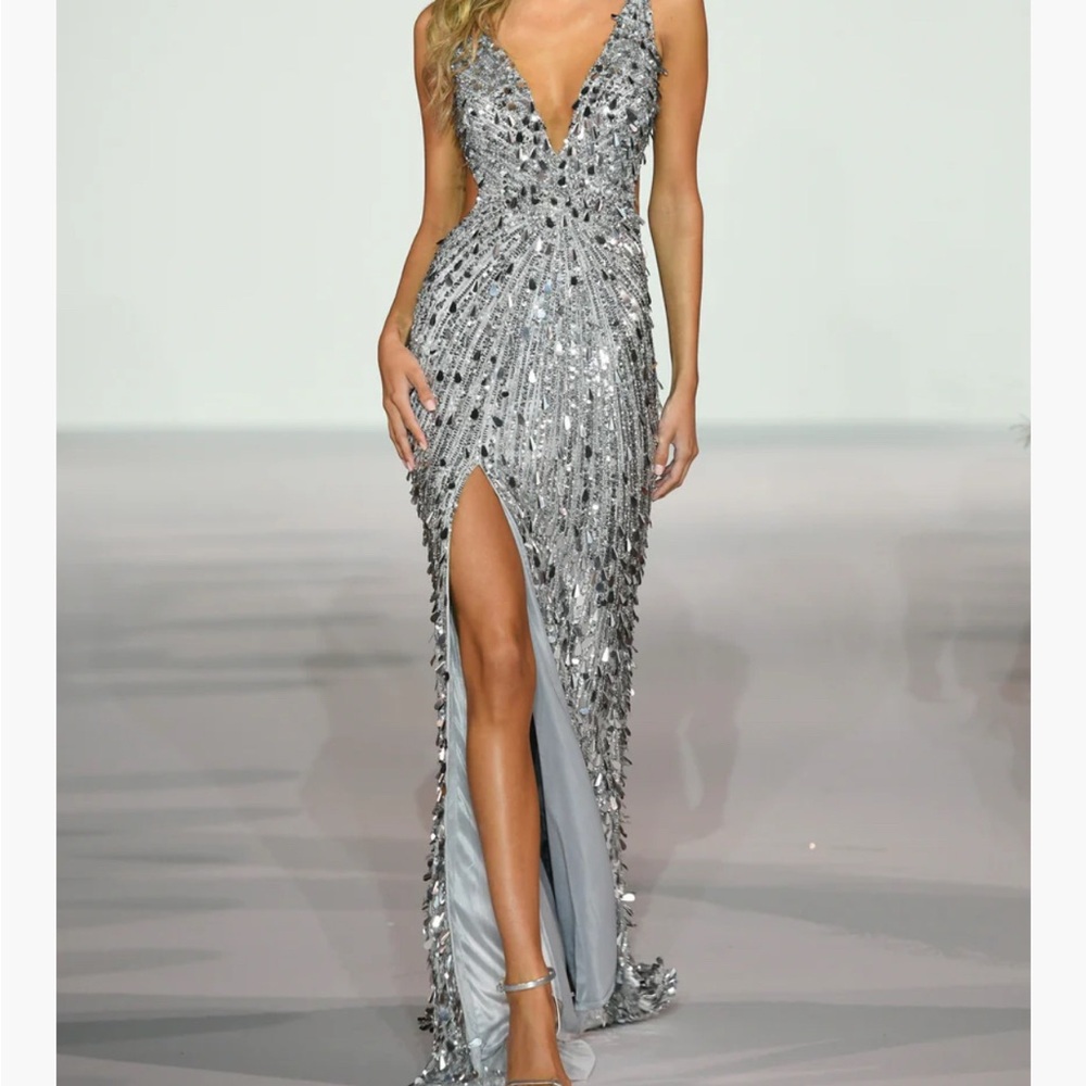 Sherri Hill Silver Evening Gown